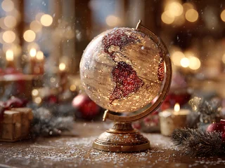 Un glob de Crăciun magic, strălucind în roșu și auriu pe o masă de lemn, înconjurat de crengi de brad sclipitoare, ornamente și cadouri, cu fulgi aurii plutind și siluete luminoase de Moși și elfi reflectate pe suprafața lui, scăldat în lumina caldă a lum