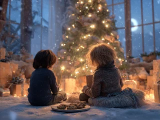 Doi copii își apropie darurile sub același brad, ghidați de un personaj magic — bucuria vine din ceea ce oferi.