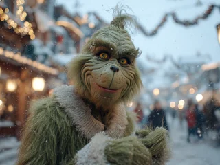 Grinchul cel vesel visează să facă sania mai strălucitoare cu clopoței magici, în timp ce renii îl privesc curioși sub lumina caldă a felinarelor.