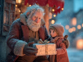 Domnul Jasper și Moș Crăciun, la un colț de stradă nins, dăruiesc un pachet unei fetițe. Luminile calde din ferestre și fulgii sclipitori creează o clipă de magie și bunătate.